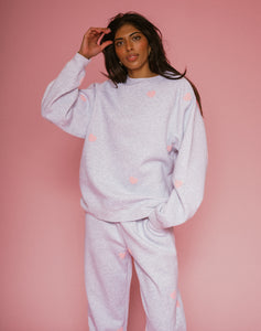 Brunette the Label All Over Heart Big Sis Crewneck - Pebble Grey w Pink