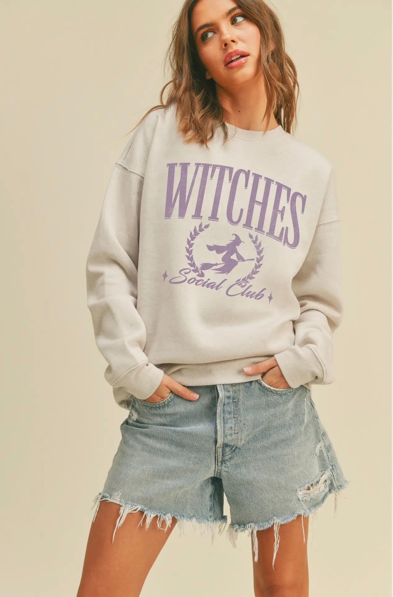 Honestee Witches Social Club Graphic Crewneck - Heather Oatmeal