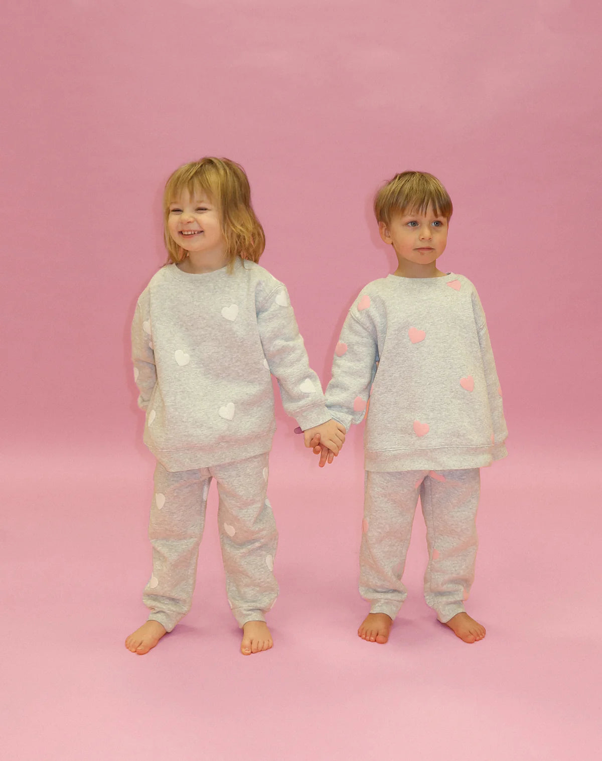 Brunette the Label Kids All Over Heart Oversized Jogger - Pebble Grey w Pink