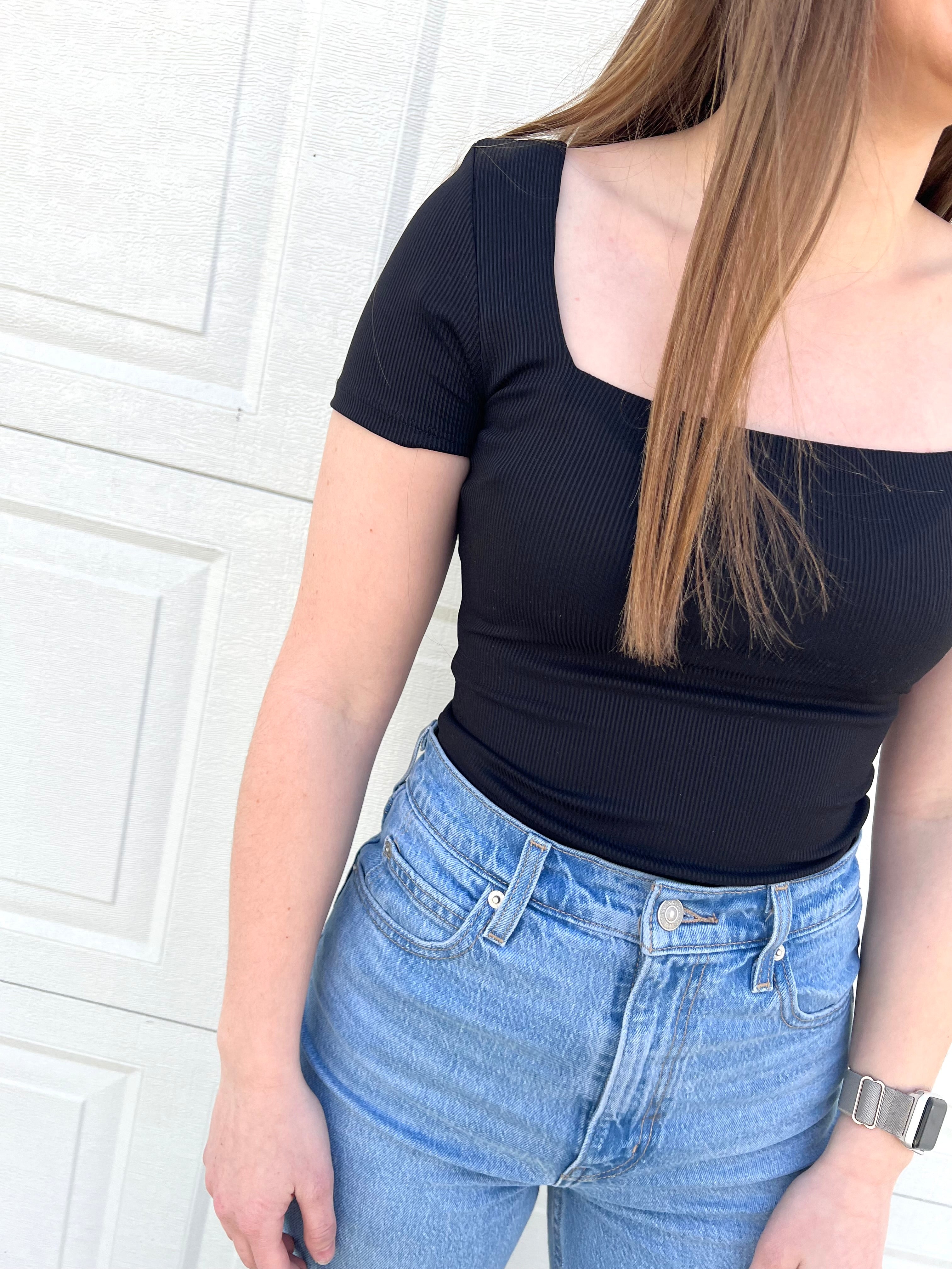RD Style Stacy Short Sleeve Ribbed Bodysuit - Black