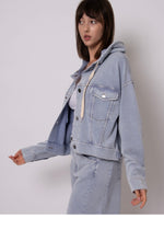 Load image into Gallery viewer, RD Style Sarana Knit Denim Hooded Jacket - Light Blue
