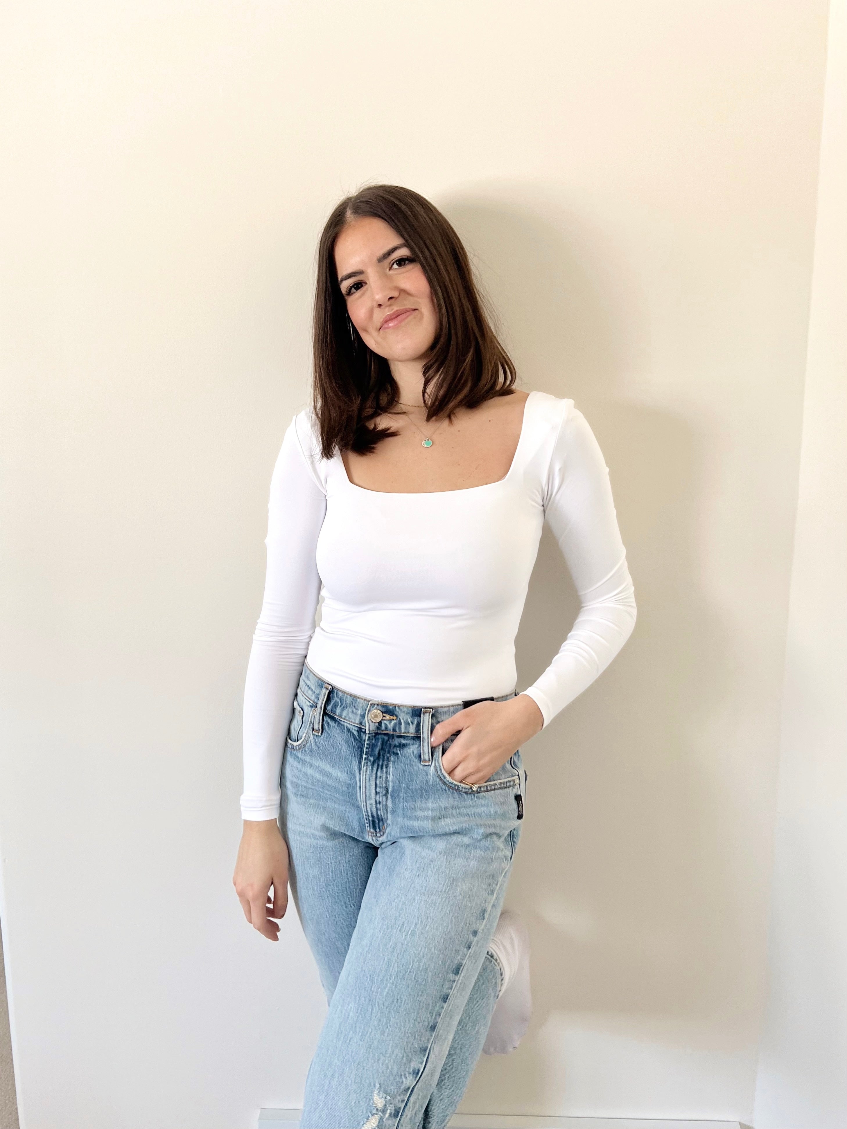RD Style Stacy Square Neck Bodysuit - White