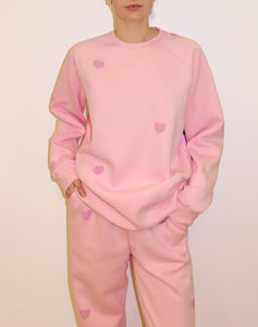 Brunette the Label All Over Heart Big Sis Crewneck - Pink w Lavender