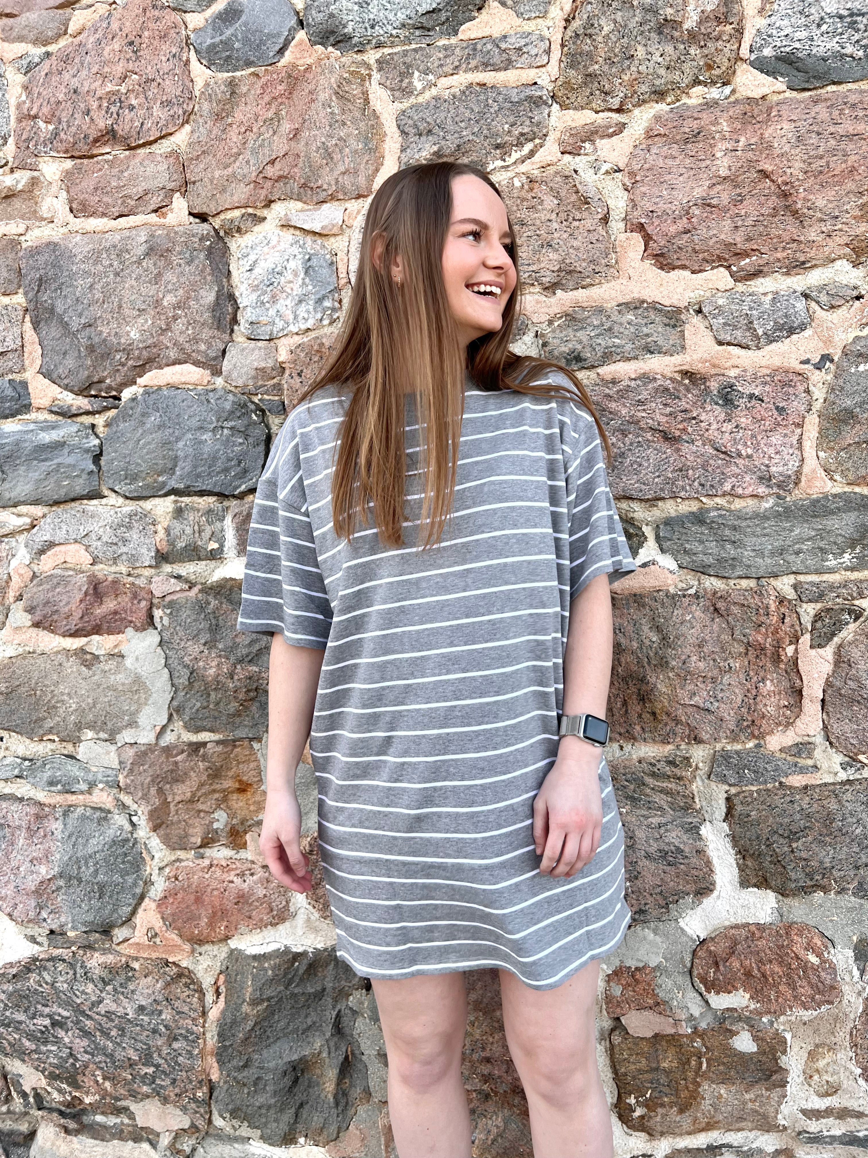 Brunette the Label Oversized Striped Tee Dress - Heather Grey