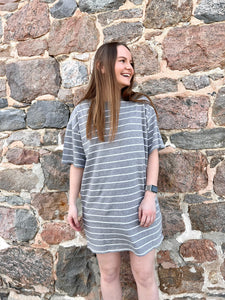 Brunette the Label Oversized Striped Tee Dress - Heather Grey