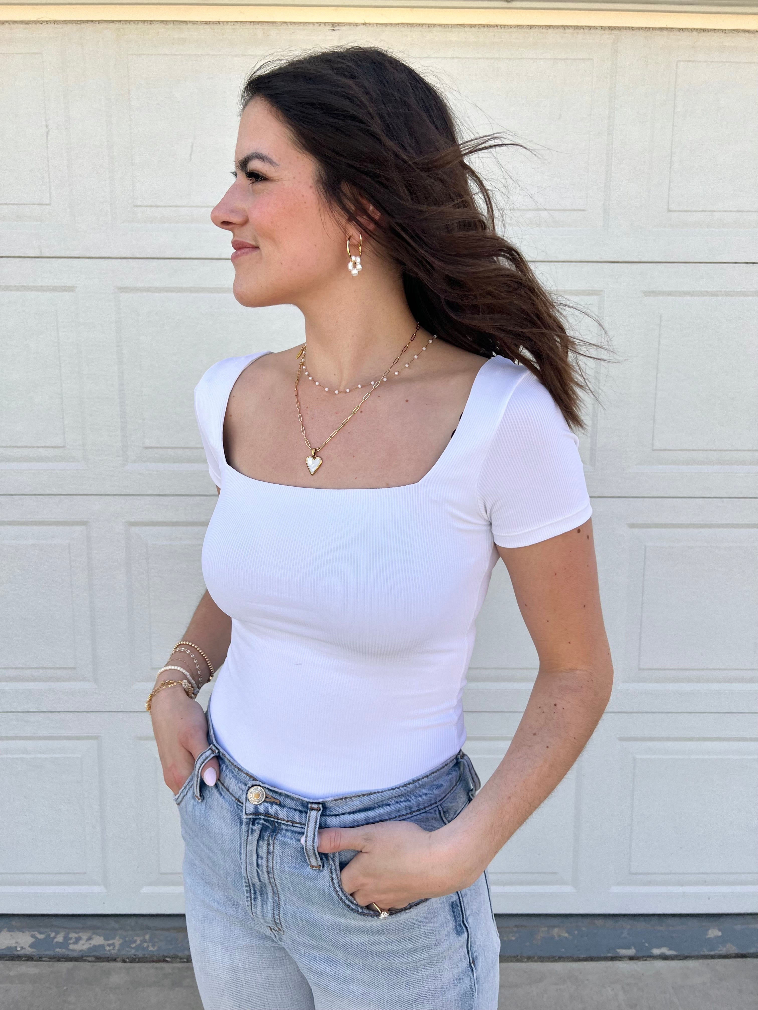 RD Style Stacy Short Sleeve Ribbed Bodysuit - White