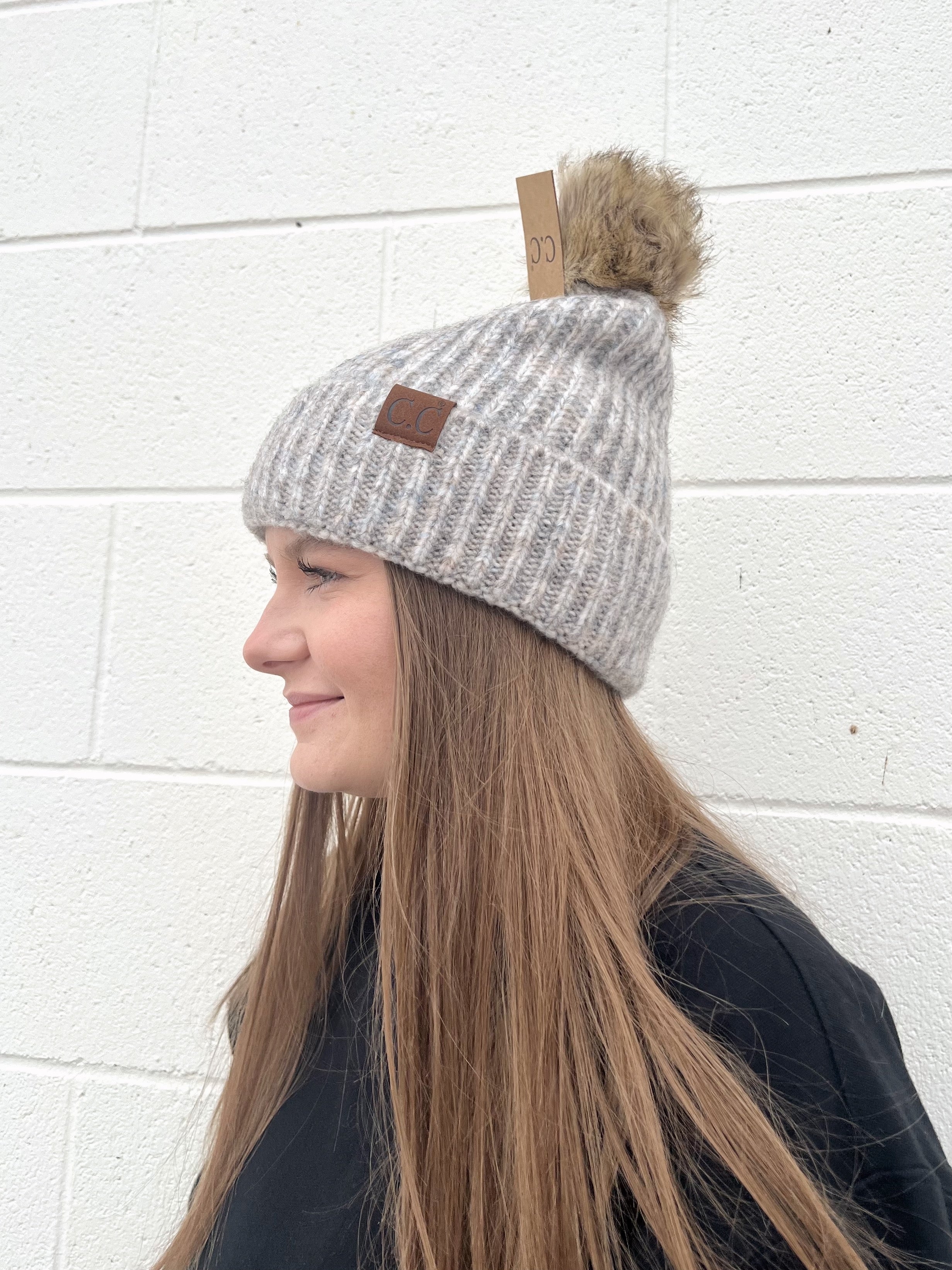 CC Beanie Ribbed Fur Pom Beanie - Dove Multi