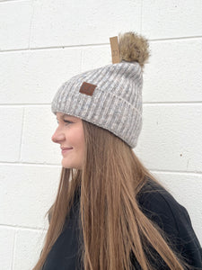 CC Beanie Ribbed Fur Pom Beanie - Dove Multi