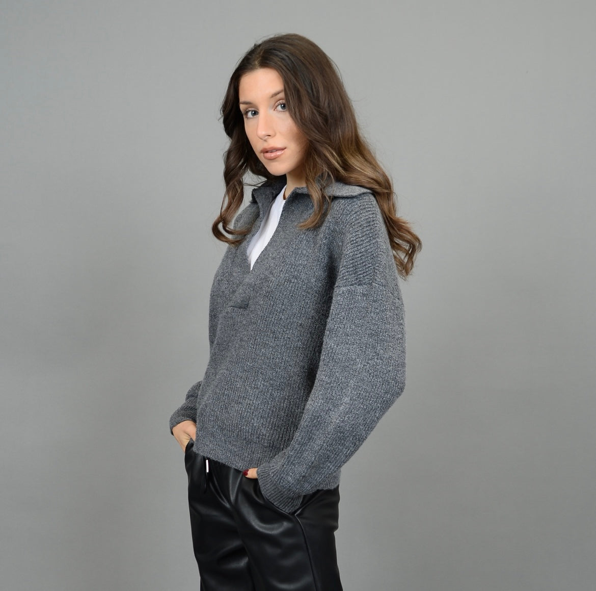 RD Style Mayla Collared Vneck Pullover - Dark Grey