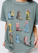 Load image into Gallery viewer, Girl Dangerous Cowboy Boots &amp; Flowers Boyfriend Tee - Army Green
