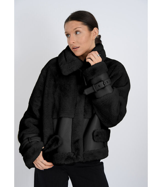 RD Style Mink Faux Fur and Leather Jacket - Black