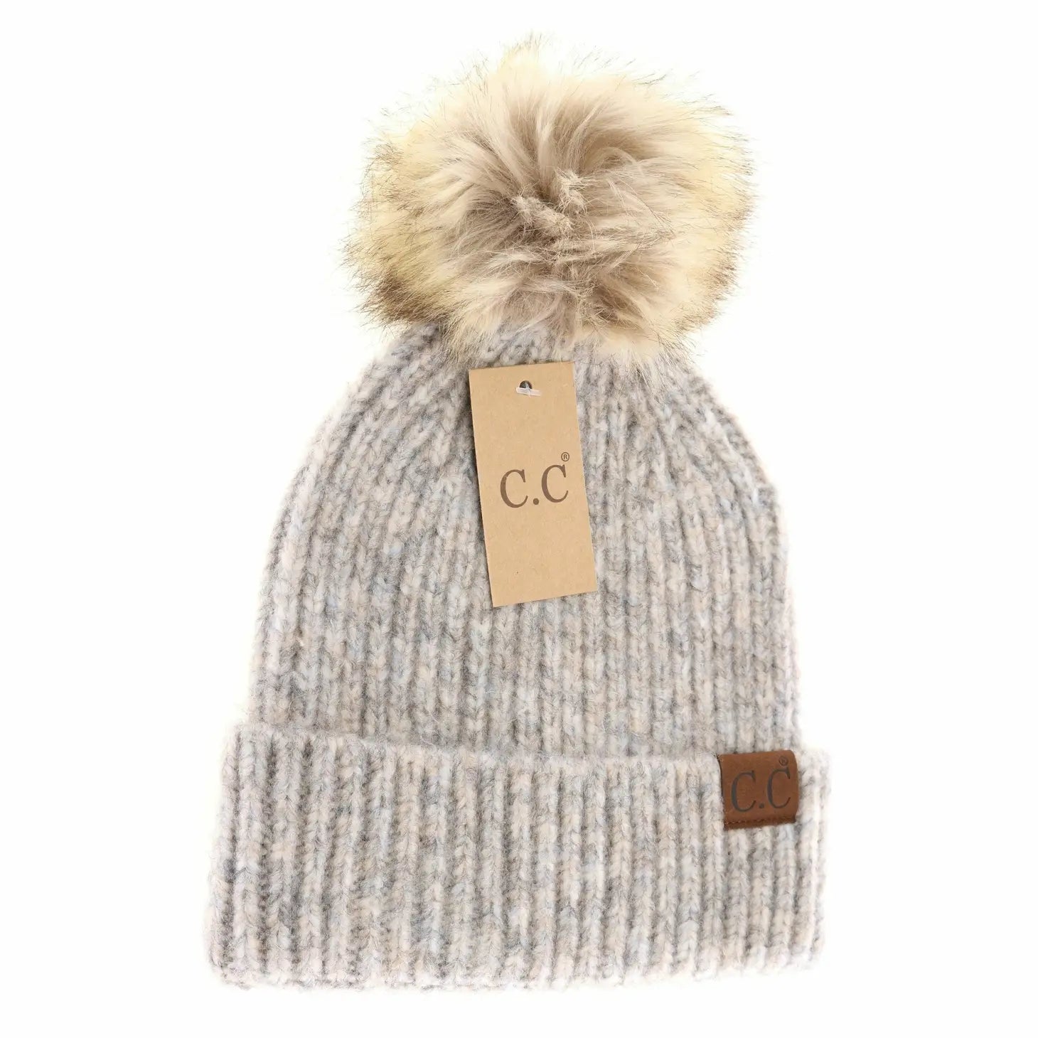 CC Beanie Ribbed Fur Pom Beanie - Dove Multi