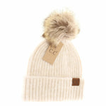 Load image into Gallery viewer, CC Beanie Ribbed Fur Pom Beanie - Oatmeal Multi
