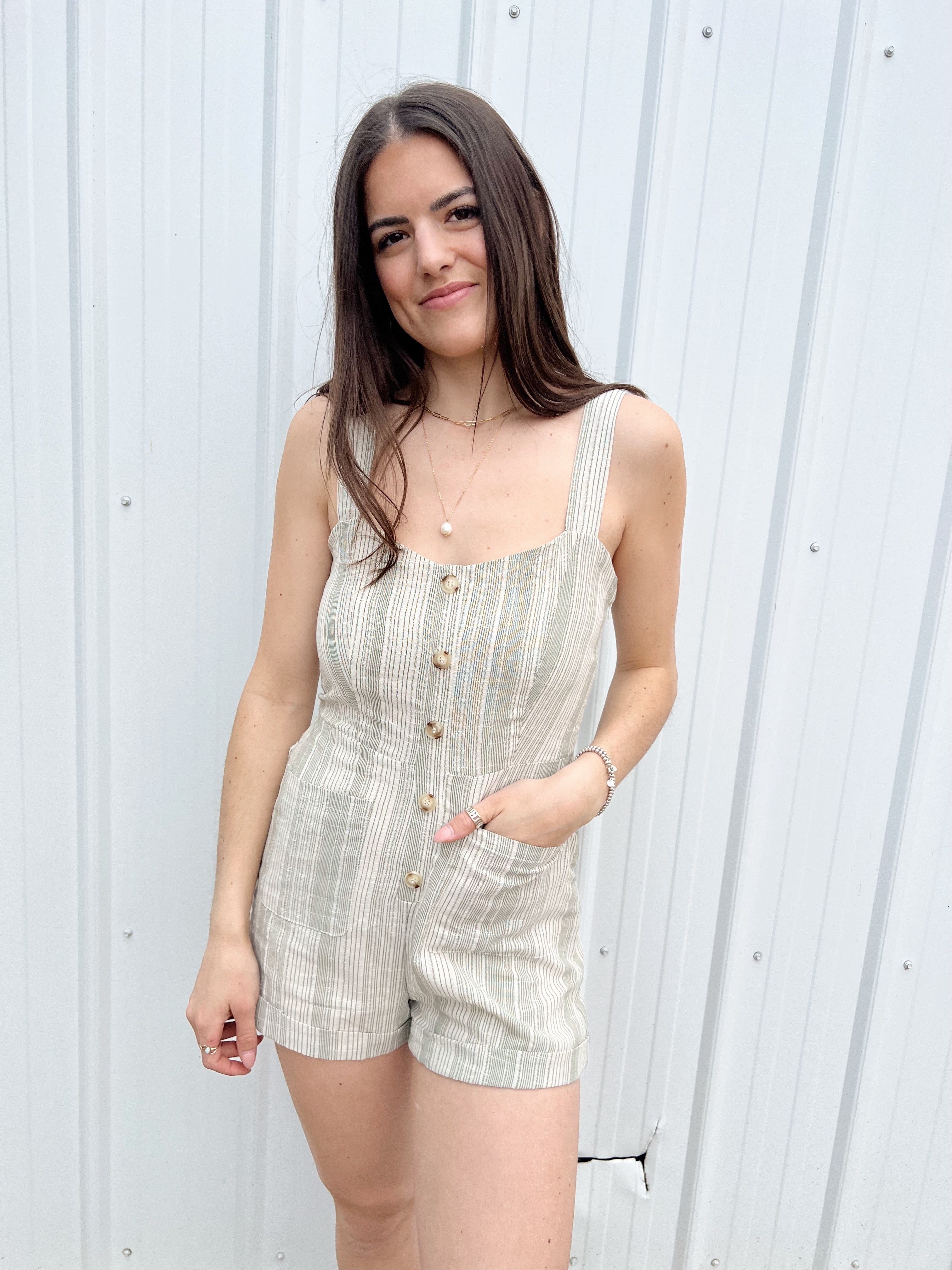 Sage the Label Roman Striped Romper - Sage