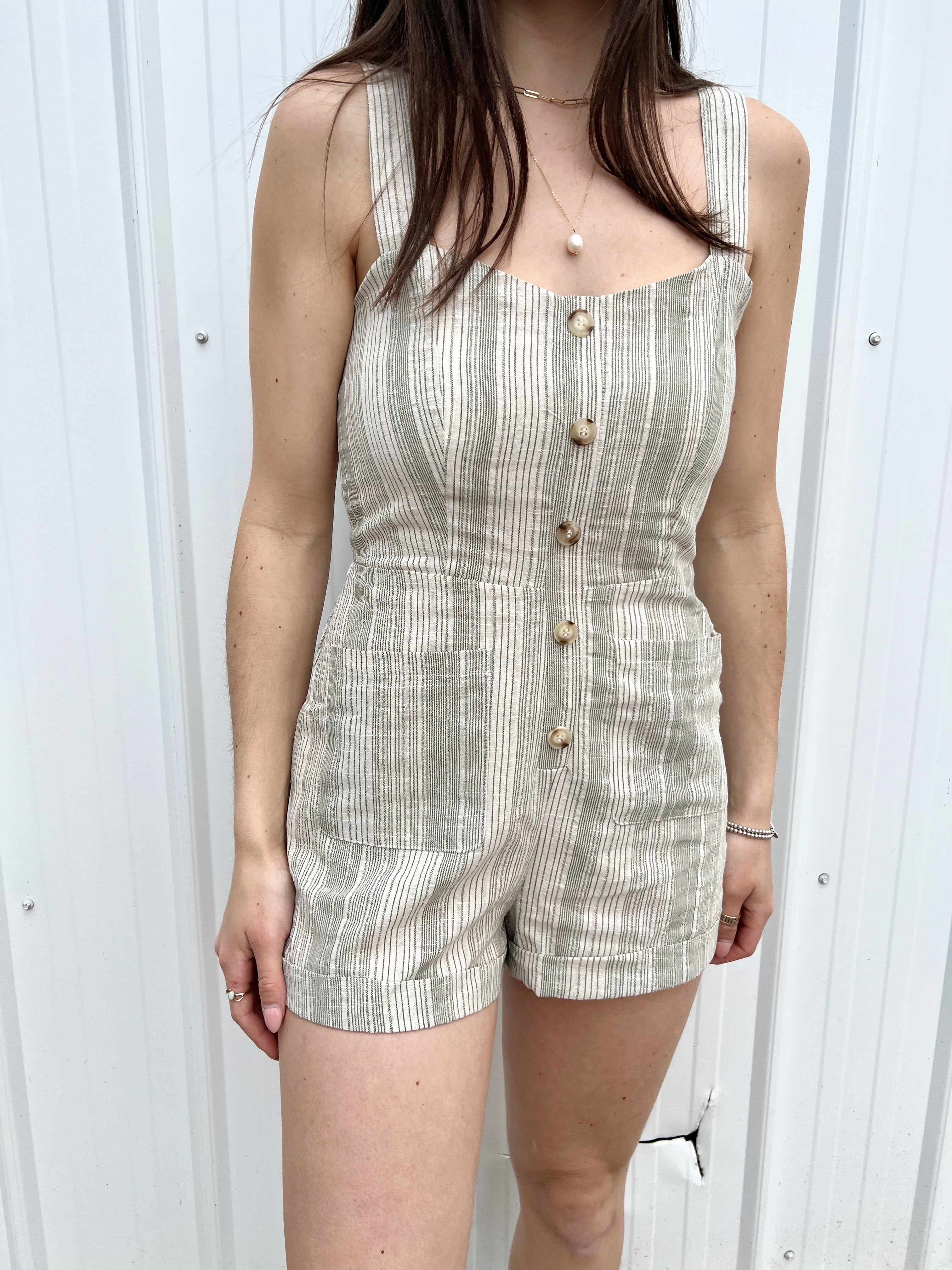 Sage the Label Roman Striped Romper - Sage