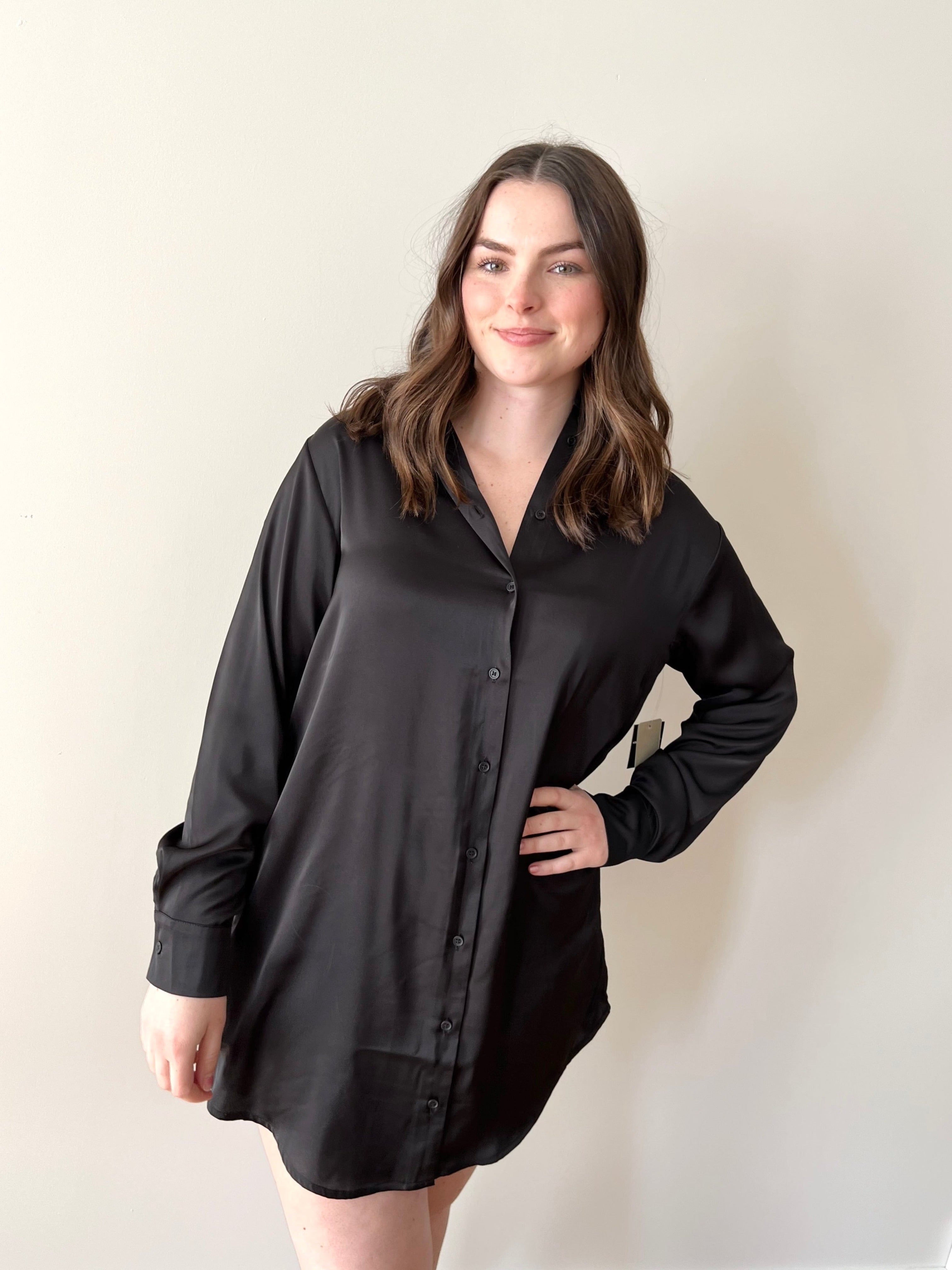 RD Style Penelope Satin Shirt Dress - Black Hallow Clothing Co. RD Style Penelope Satin Shirt Dress - Black Hallow Clothing Co.